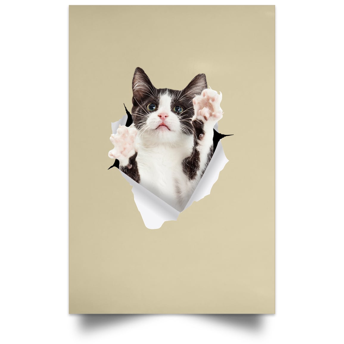 Black & White Cat Reaching - Tan POSPO Satin Portrait Poster