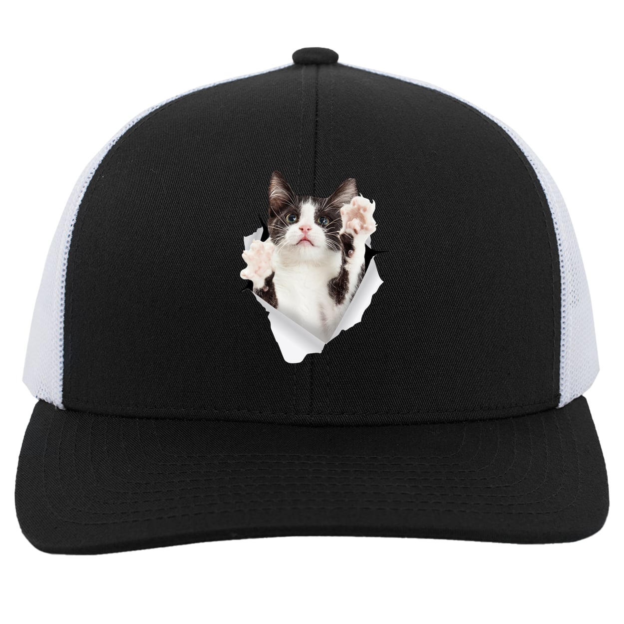 Black & White Cat Reaching - Black/White 104C Trucker Snap Back