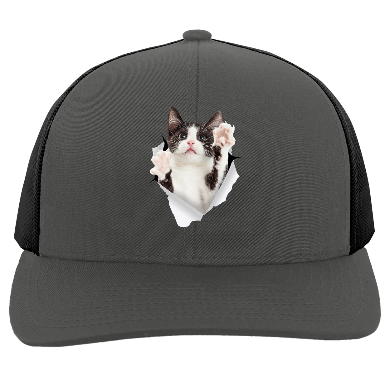 Black & White Cat Reaching - Graphite/Black 104C Trucker Snap Back