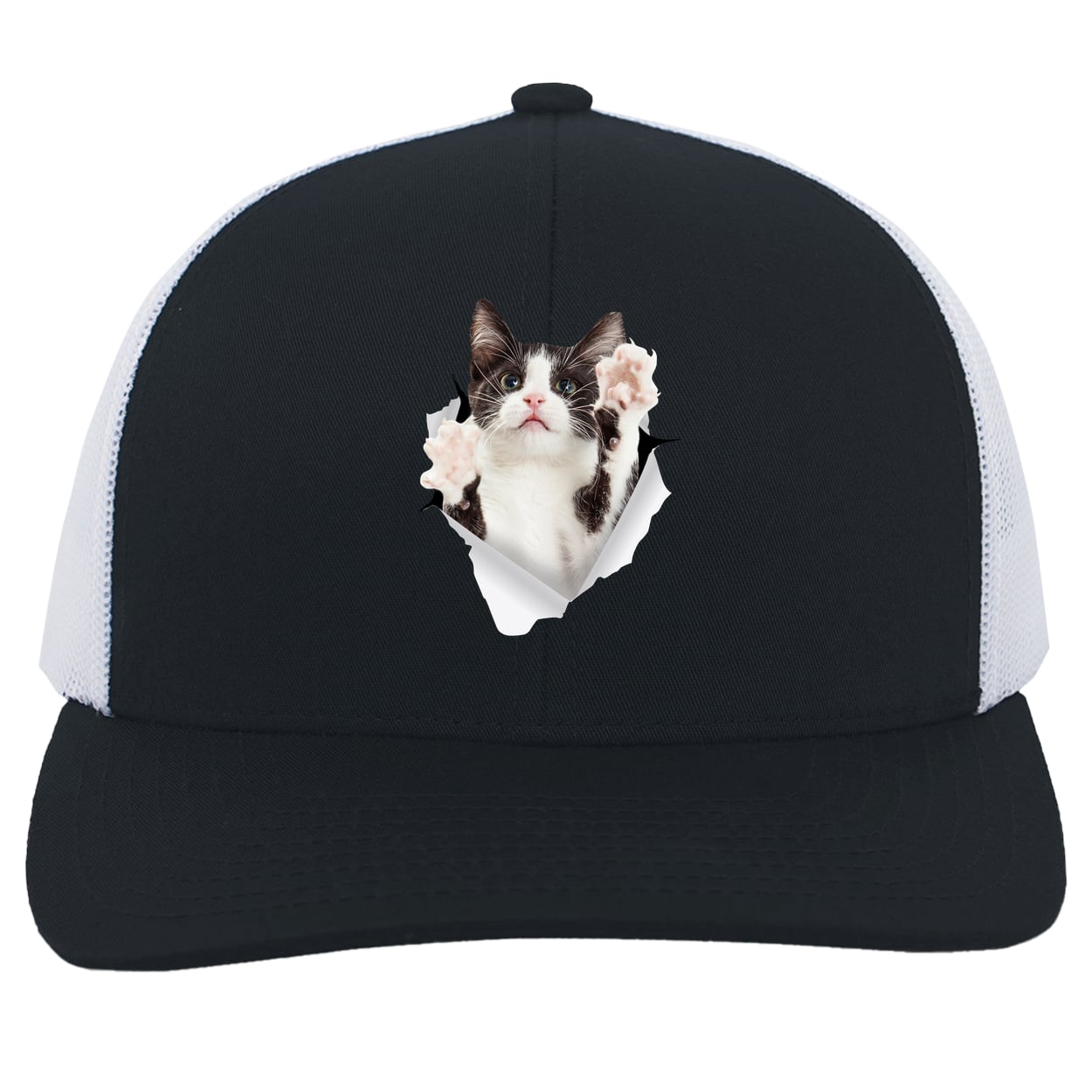 Black & White Cat Reaching - Navy/White 104C Trucker Snap Back