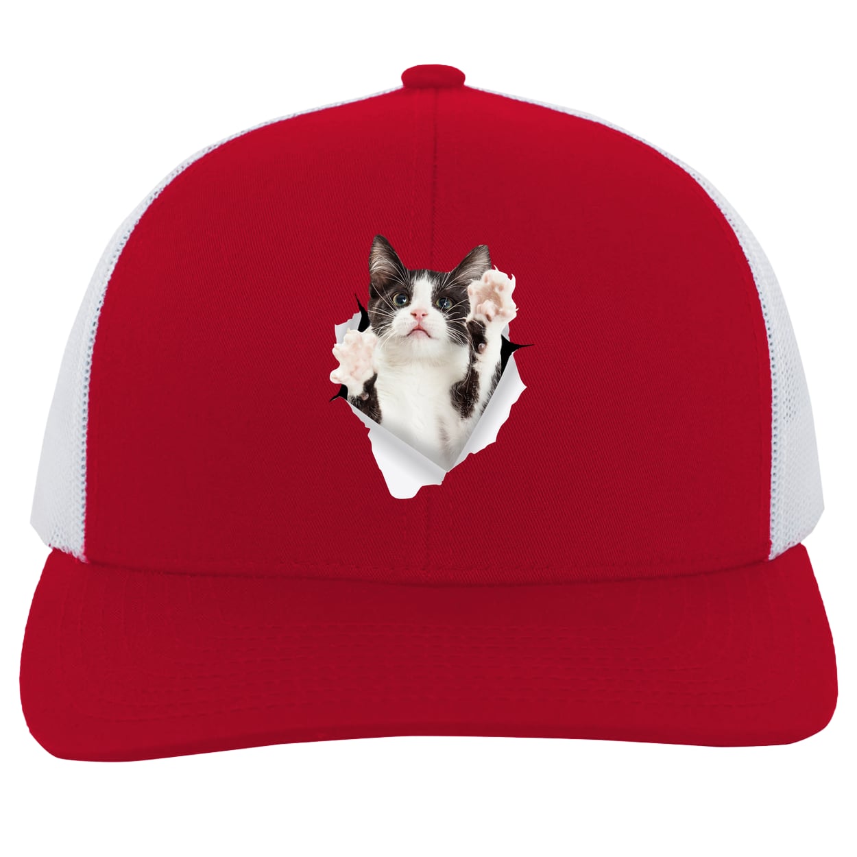 Black & White Cat Reaching - Red/White 104C Trucker Snap Back