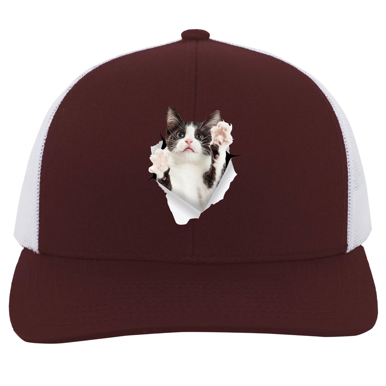 Black & White Cat Reaching - Maroon/White 104C Trucker Snap Back