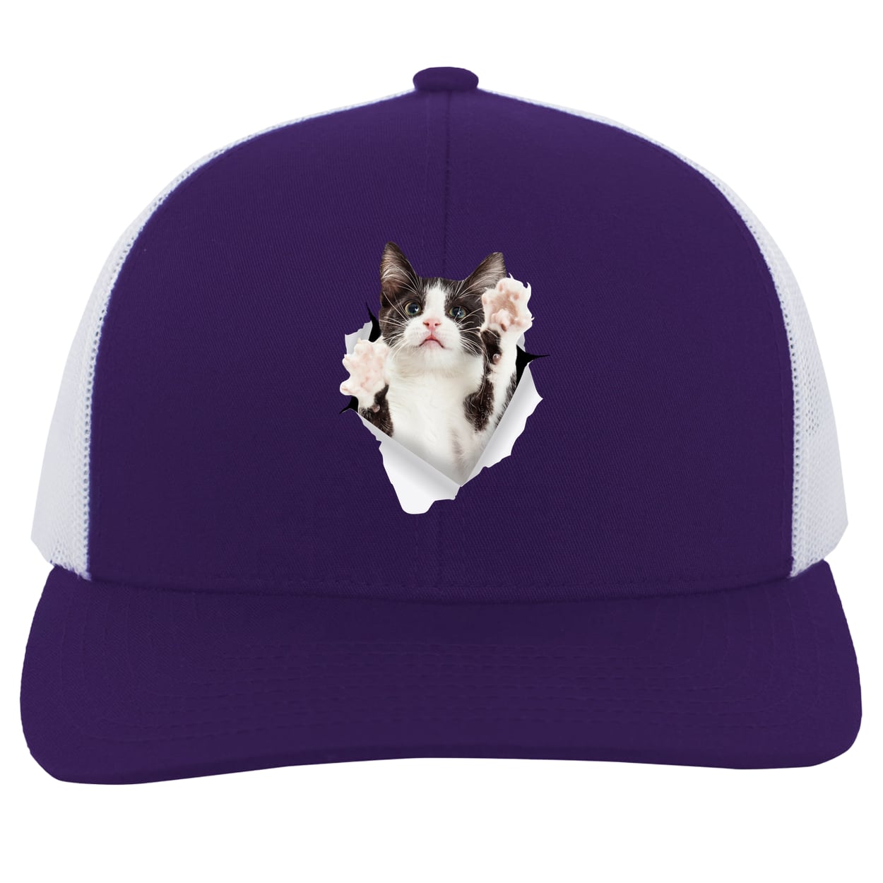 Black & White Cat Reaching - Purple/White 104C Trucker Snap Back