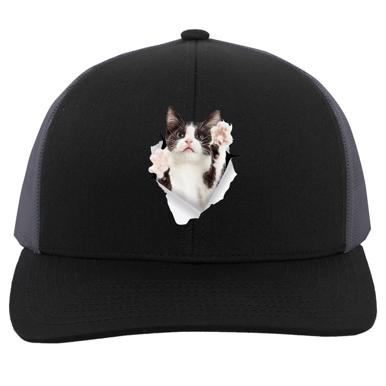 Black & White Cat Reaching - Black/Graphite 104C Trucker Snap Back