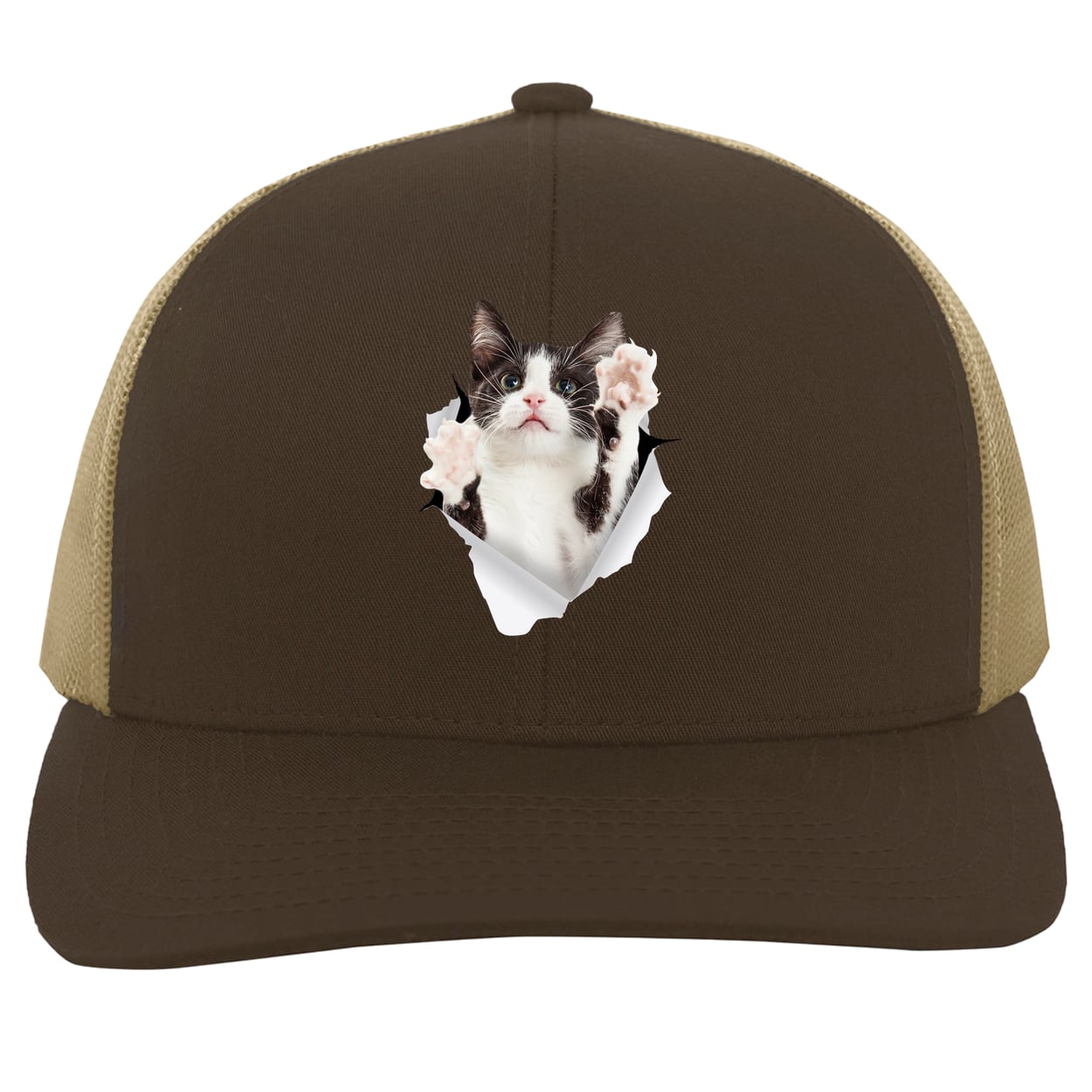 Black & White Cat Reaching - Brown/Khaki 104C Trucker Snap Back