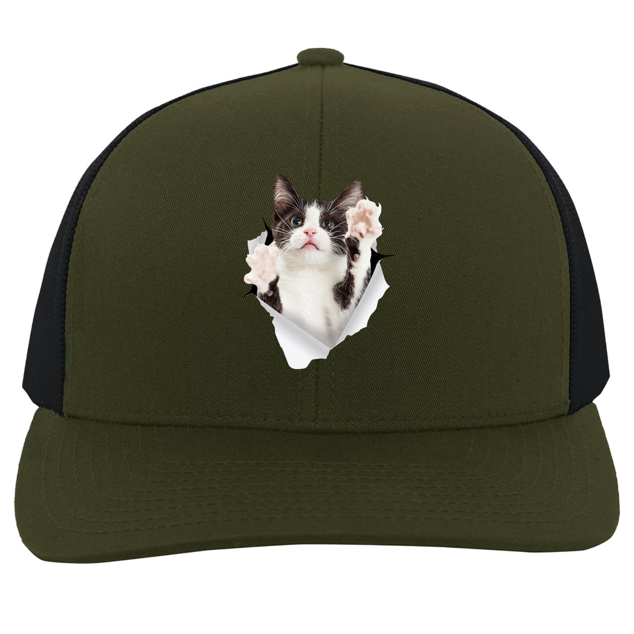 Black & White Cat Reaching - Moss/Charcoal 104C Trucker Snap Back