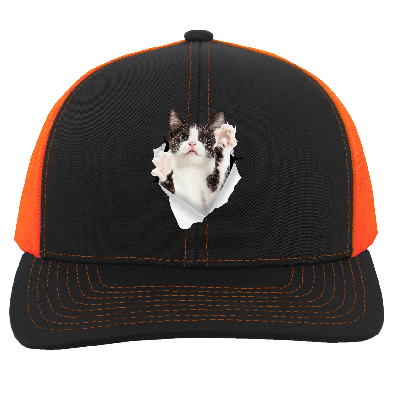 Black & White Cat Reaching - Black/Neon Orange 104C Trucker Snap Back