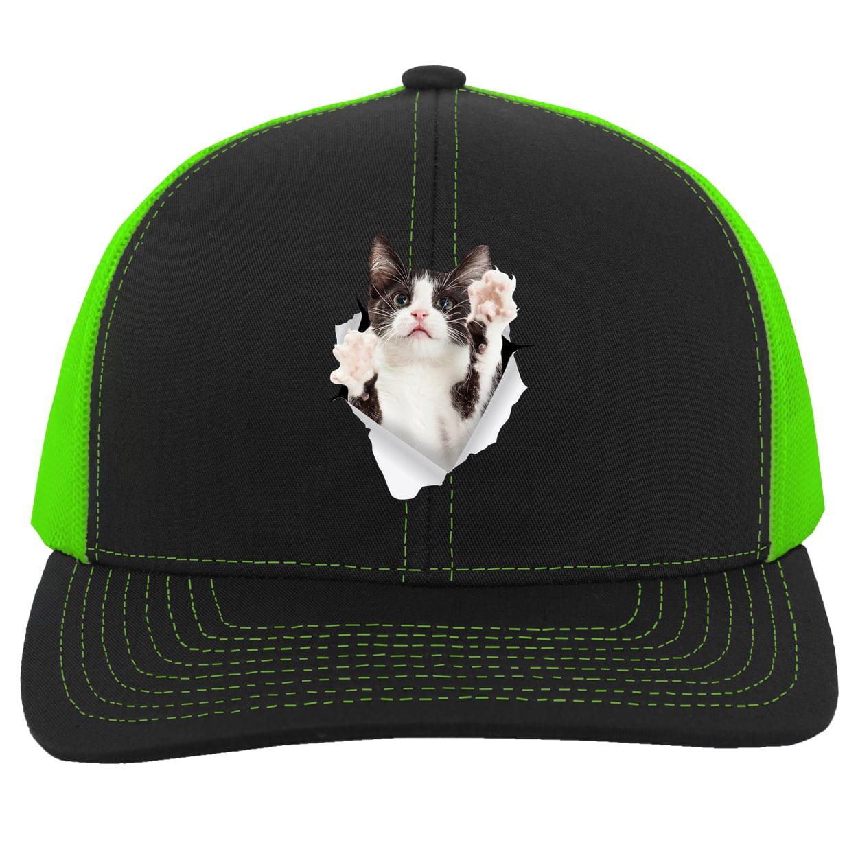 Black & White Cat Reaching - Black/Neon Green 104C Trucker Snap Back