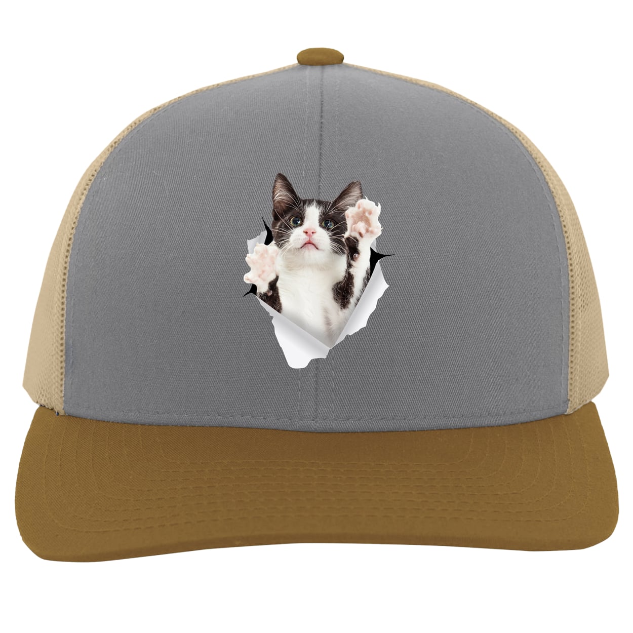 Black & White Cat Reaching - Heather/Beige/Amber 104C Trucker Snap Back