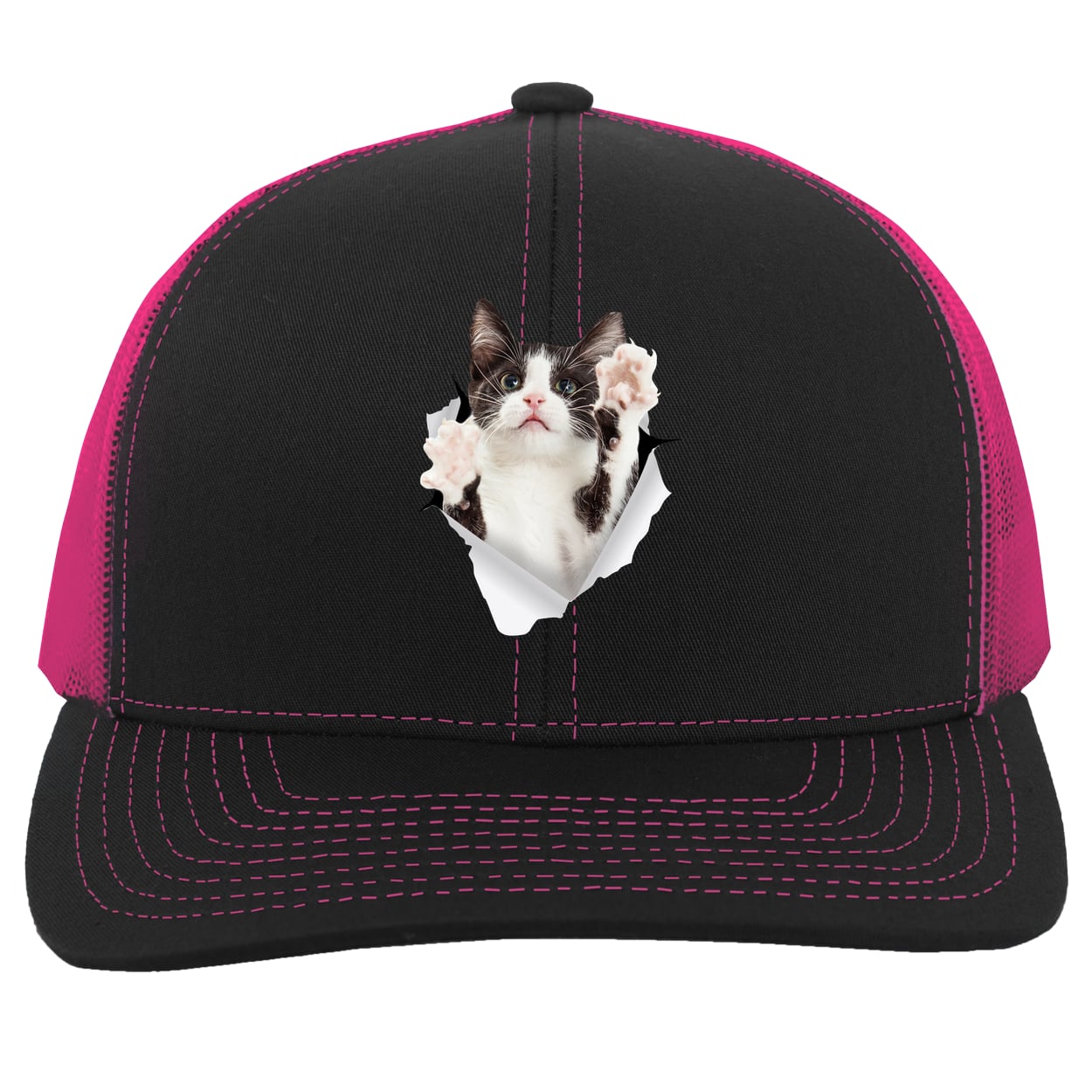 Black & White Cat Reaching - Black/Pink 104C Trucker Snap Back