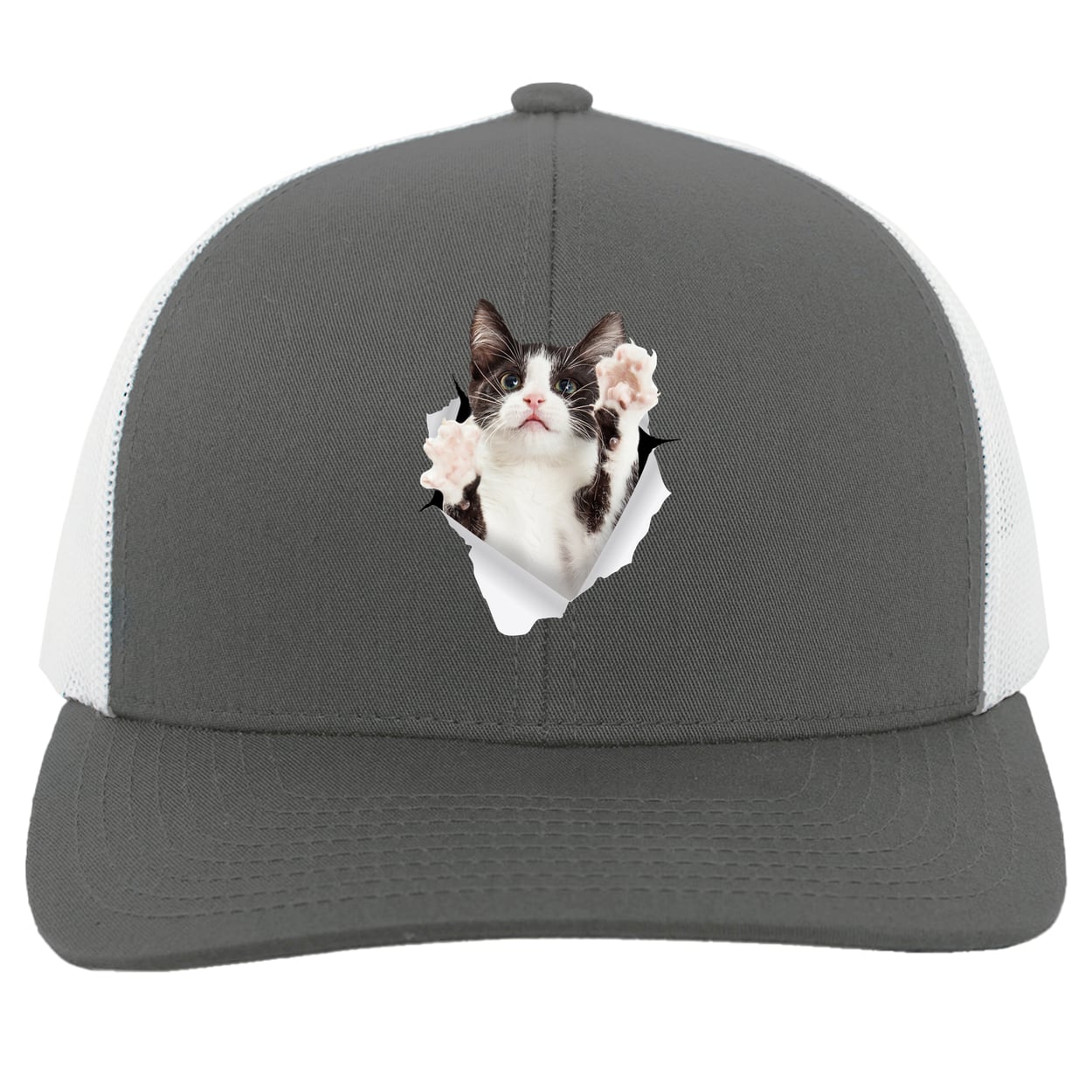 Black & White Cat Reaching - Graphite/White 104C Trucker Snap Back