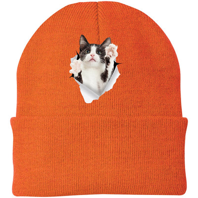 Black & White Cat Reaching - Neon Orange CP90 Port & Company Knit Beanie