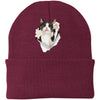 Black & White Cat Reaching - Maroon CP90 Port & Company Knit Beanie