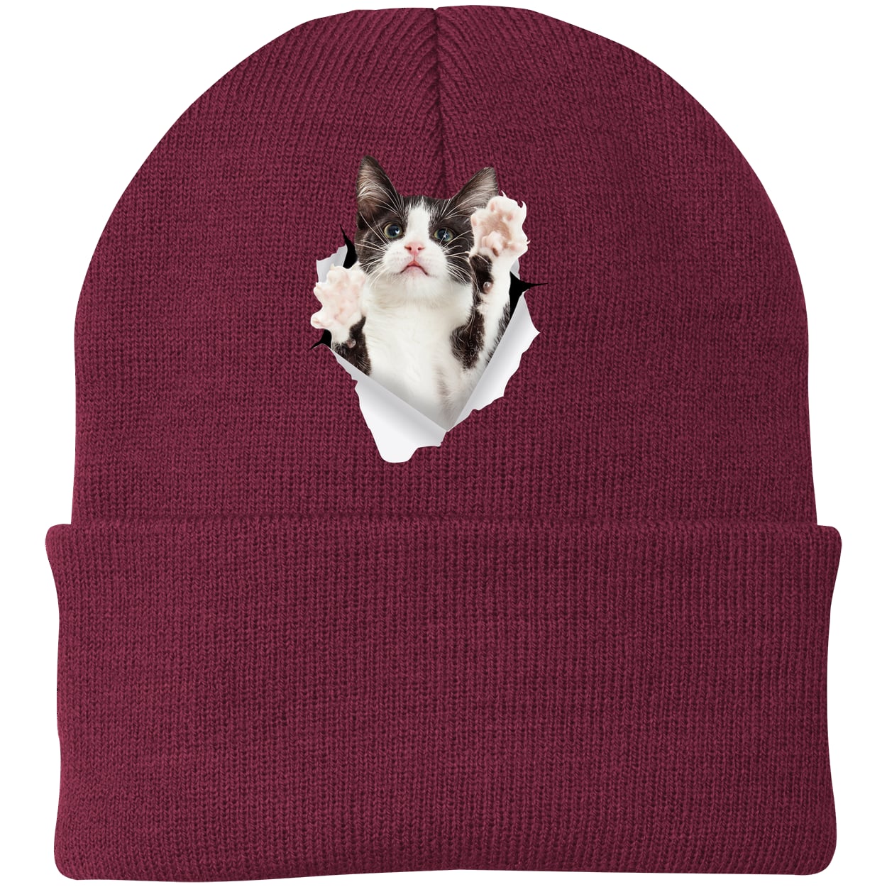 Black & White Cat Reaching - Maroon CP90 Port & Company Knit Beanie