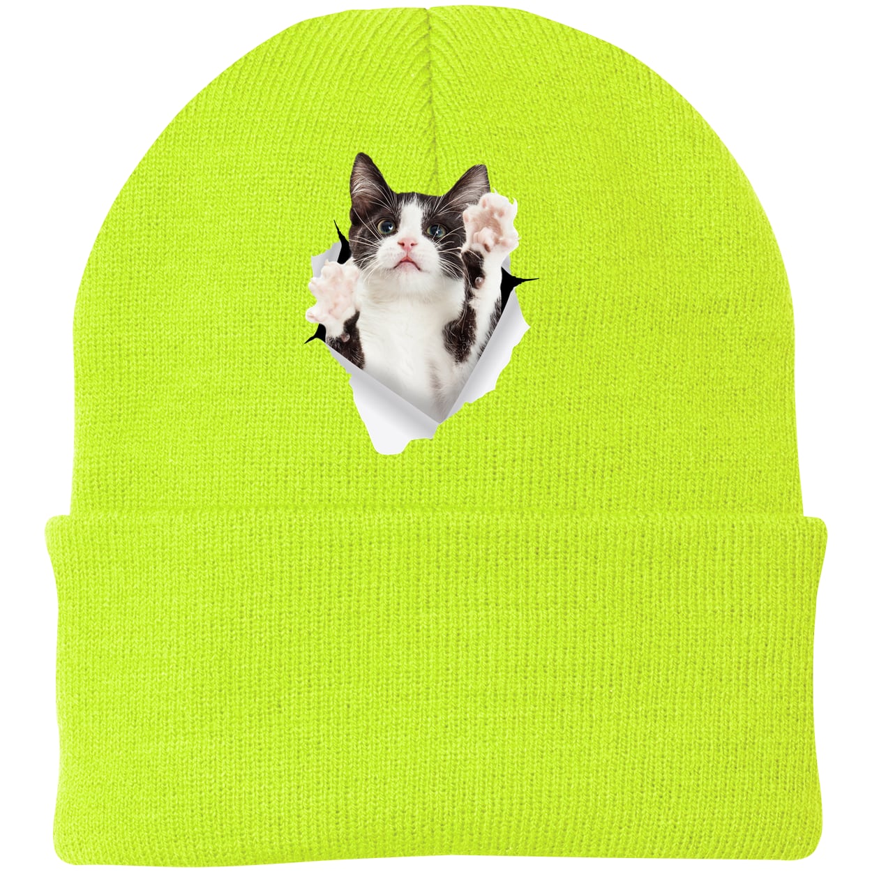 Black & White Cat Reaching - Neon Yellow CP90 Port & Company Knit Beanie