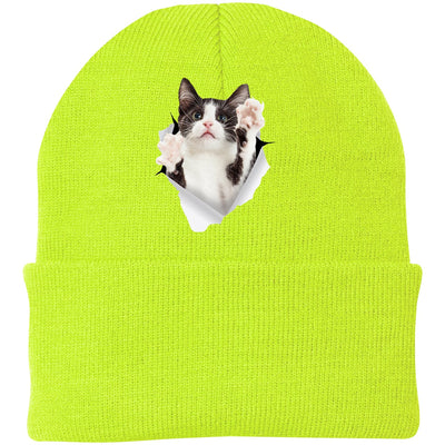 Black & White Cat Reaching - Neon Yellow CP90 Port & Company Knit Beanie