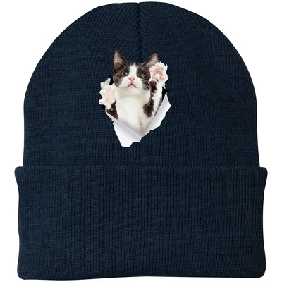Black & White Cat Reaching - Navy CP90 Port & Company Knit Beanie