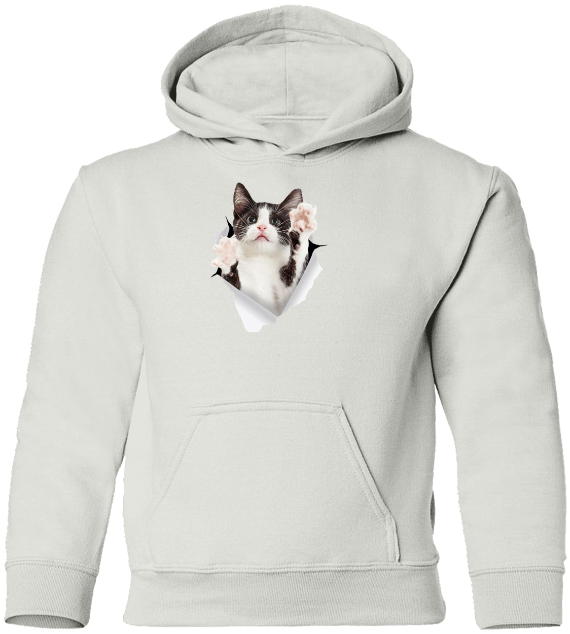 Black & White Cat Reaching - White G185B Gildan Youth Pullover Hoodie
