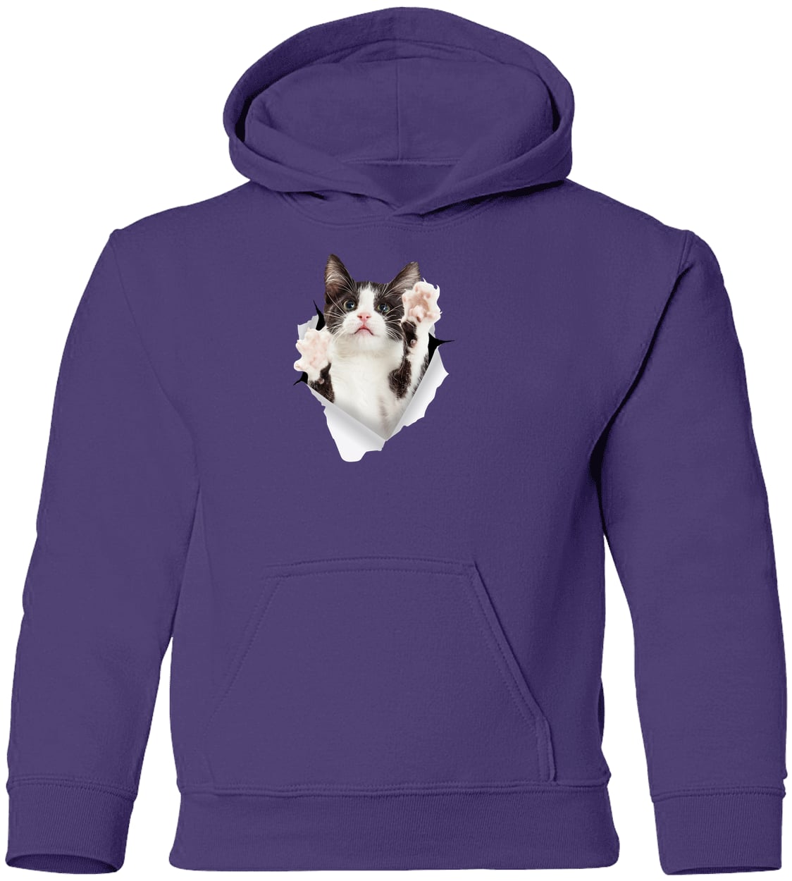 Black & White Cat Reaching - Purple G185B Gildan Youth Pullover Hoodie