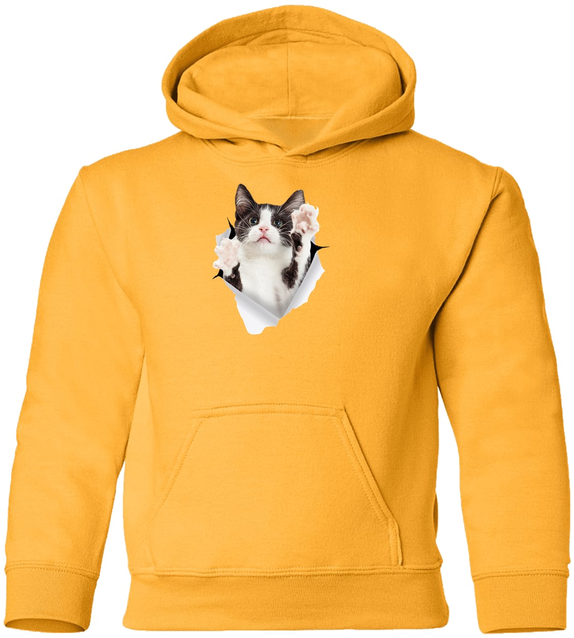 Black & White Cat Reaching - Gold G185B Gildan Youth Pullover Hoodie