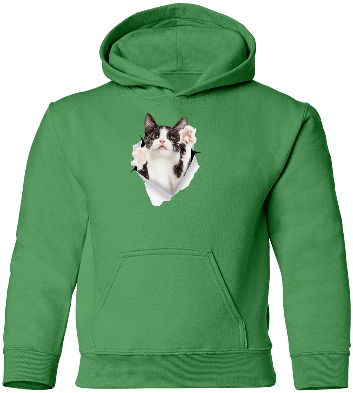 Black & White Cat Reaching - Irish Green G185B Gildan Youth Pullover Hoodie