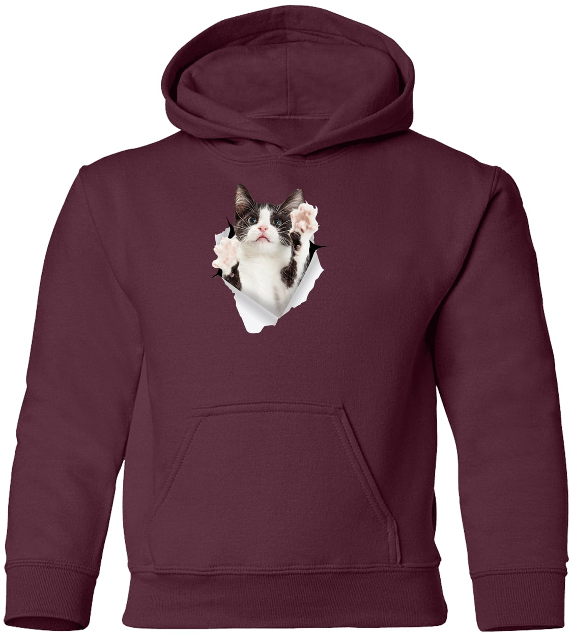 Black & White Cat Reaching - Maroon G185B Gildan Youth Pullover Hoodie