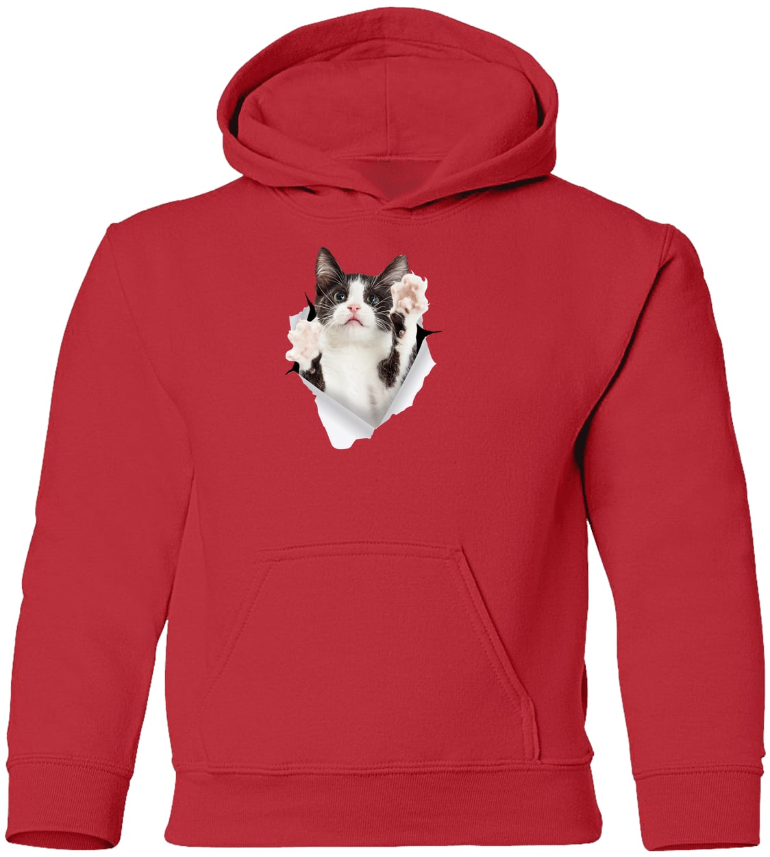 Black & White Cat Reaching - Red G185B Gildan Youth Pullover Hoodie