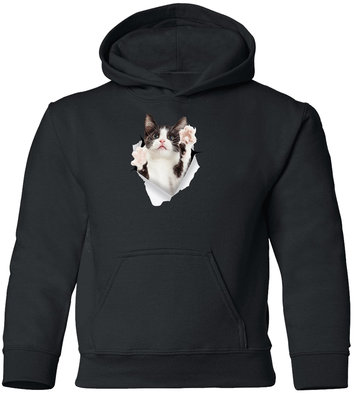 Black & White Cat Reaching - Black G185B Gildan Youth Pullover Hoodie