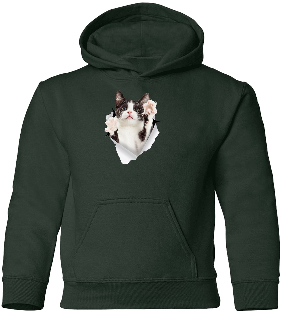Black & White Cat Reaching - Forest Green G185B Gildan Youth Pullover Hoodie