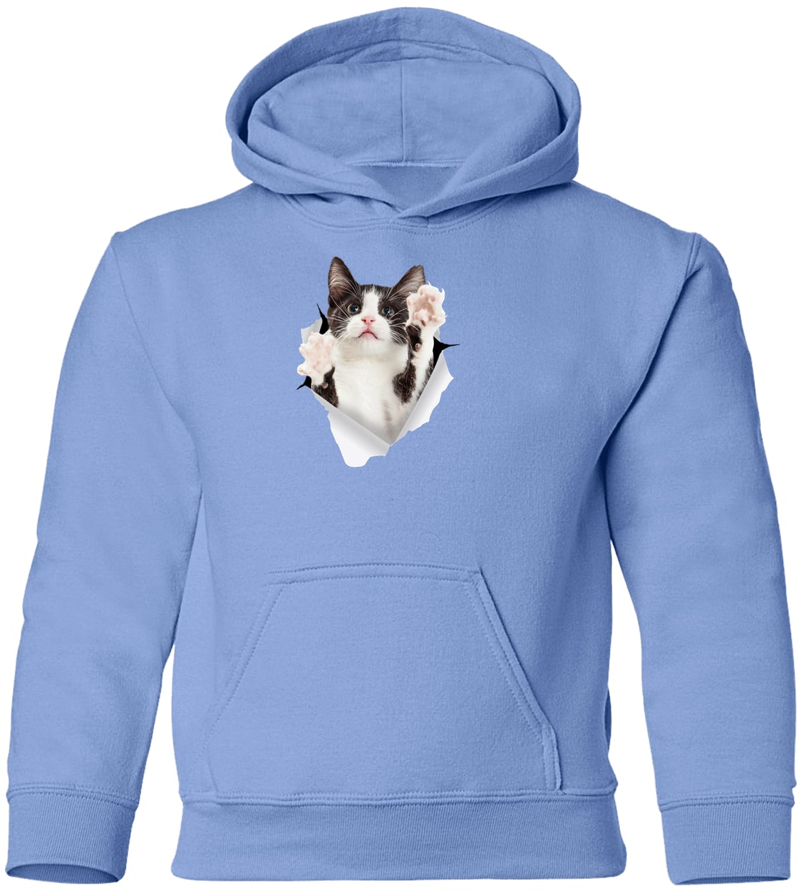 Black & White Cat Reaching - Carolina Blue G185B Gildan Youth Pullover Hoodie