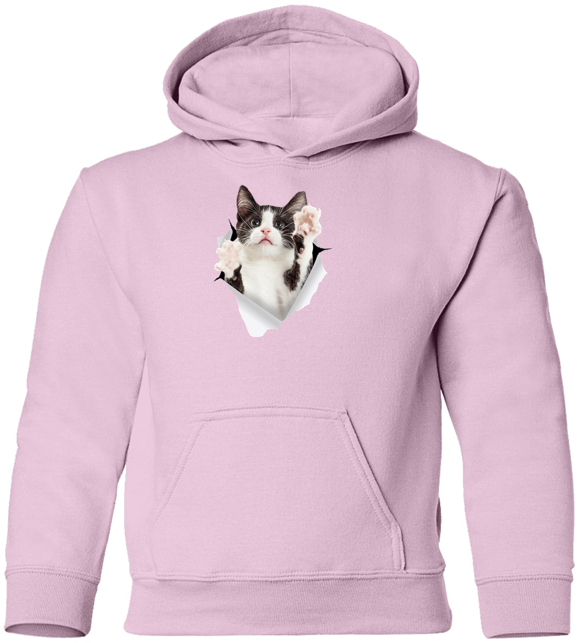 Black & White Cat Reaching - Light Pink G185B Gildan Youth Pullover Hoodie
