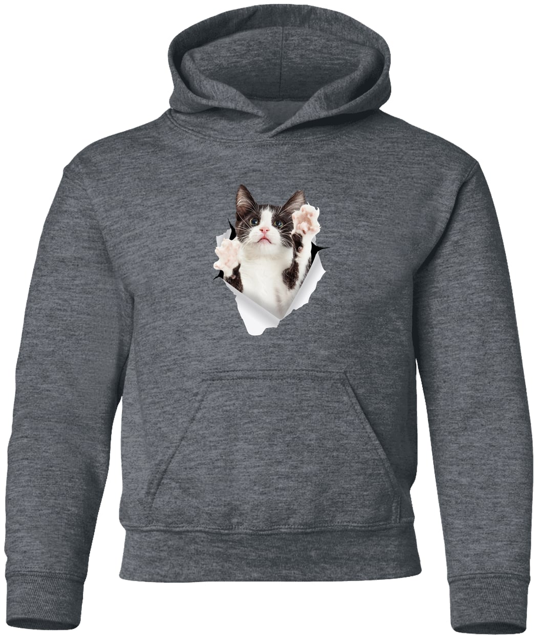 Black & White Cat Reaching - Dark Heather G185B Gildan Youth Pullover Hoodie