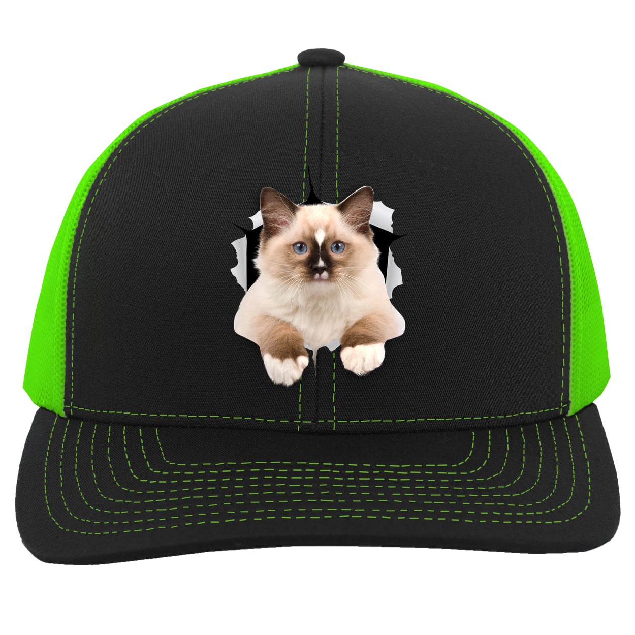 Ragdoll Cutie - Black/Neon Green 104C Trucker Snap Back