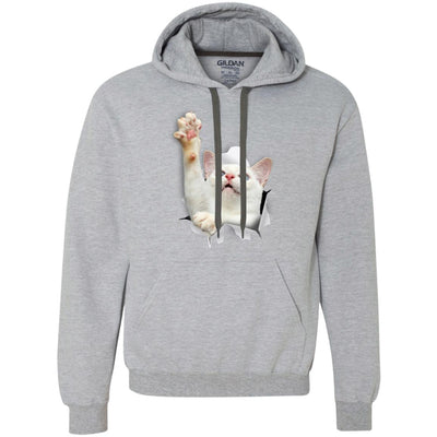 White Cat Reaching Heavyweight Pullover Fleece Hoodie