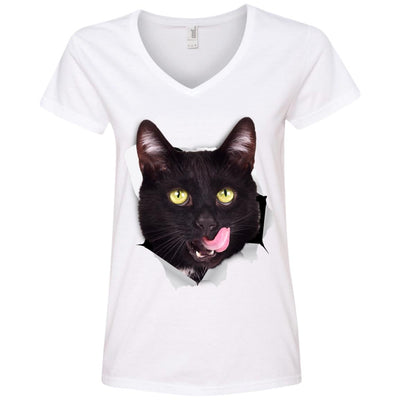Black Cat Licking Ladies' V-Neck T-Shirt