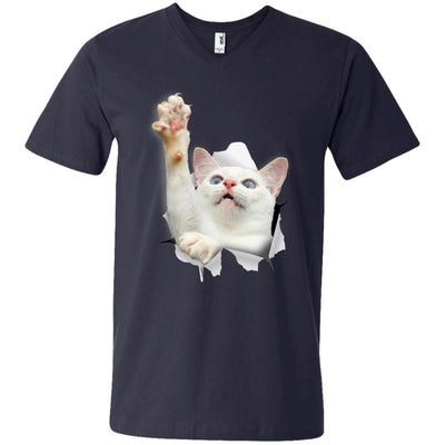 White Cat Reaching Men's Printed V-Neck T-Shirt
