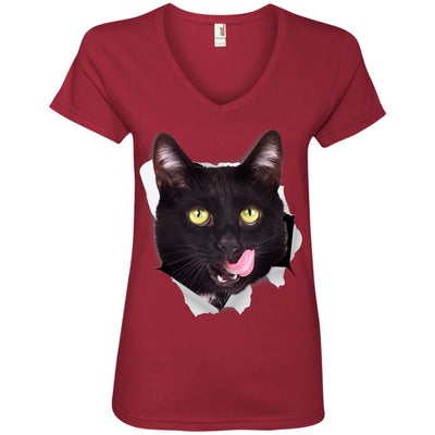Black Cat Licking Ladies' V-Neck T-Shirt