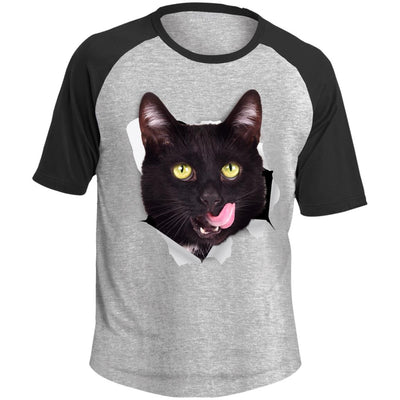 Black Cat Licking Colorblock Raglan Jersey T-Shirt