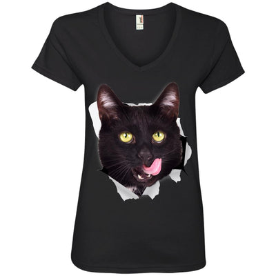 Black Cat Licking Ladies' V-Neck T-Shirt