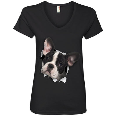 Black & White Frenchie Ladies' V-Neck T-Shirt