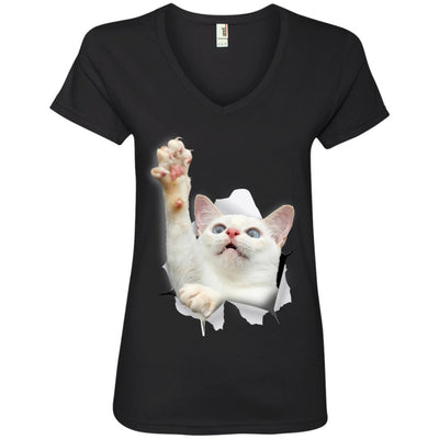 White Cat Reaching Ladies' V-Neck T-Shirt