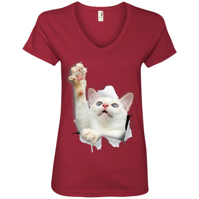 White Cat Reaching Ladies' V-Neck T-Shirt