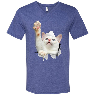 White Cat Reaching Men's Printed V-Neck T-Shirt