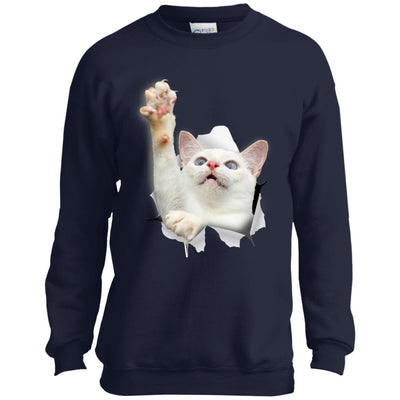 White Cat Reaching Youth Crewneck Sweatshirt
