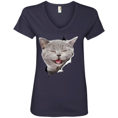 Grey Cat Laughing Ladies' V-Neck T-Shirt