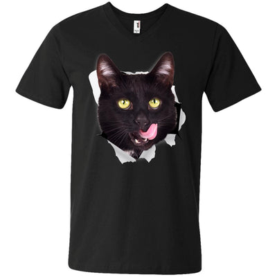 Black Cat Licking Men's Printed V-Neck T-Shirt