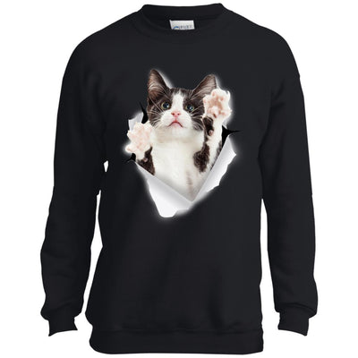 Black & White Reaching Cat Youth Crewneck Sweatshirt