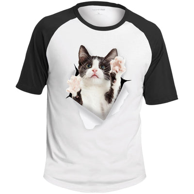 Black & White Reaching Cat Colorblock Raglan Jersey T-Shirt