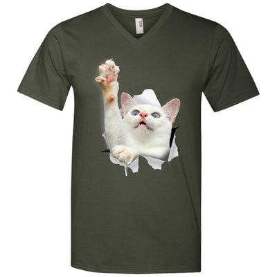 White Cat Reaching Men's Printed V-Neck T-Shirt