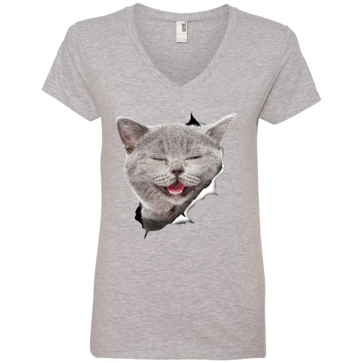 Grey Cat Laughing Ladies' V-Neck T-Shirt